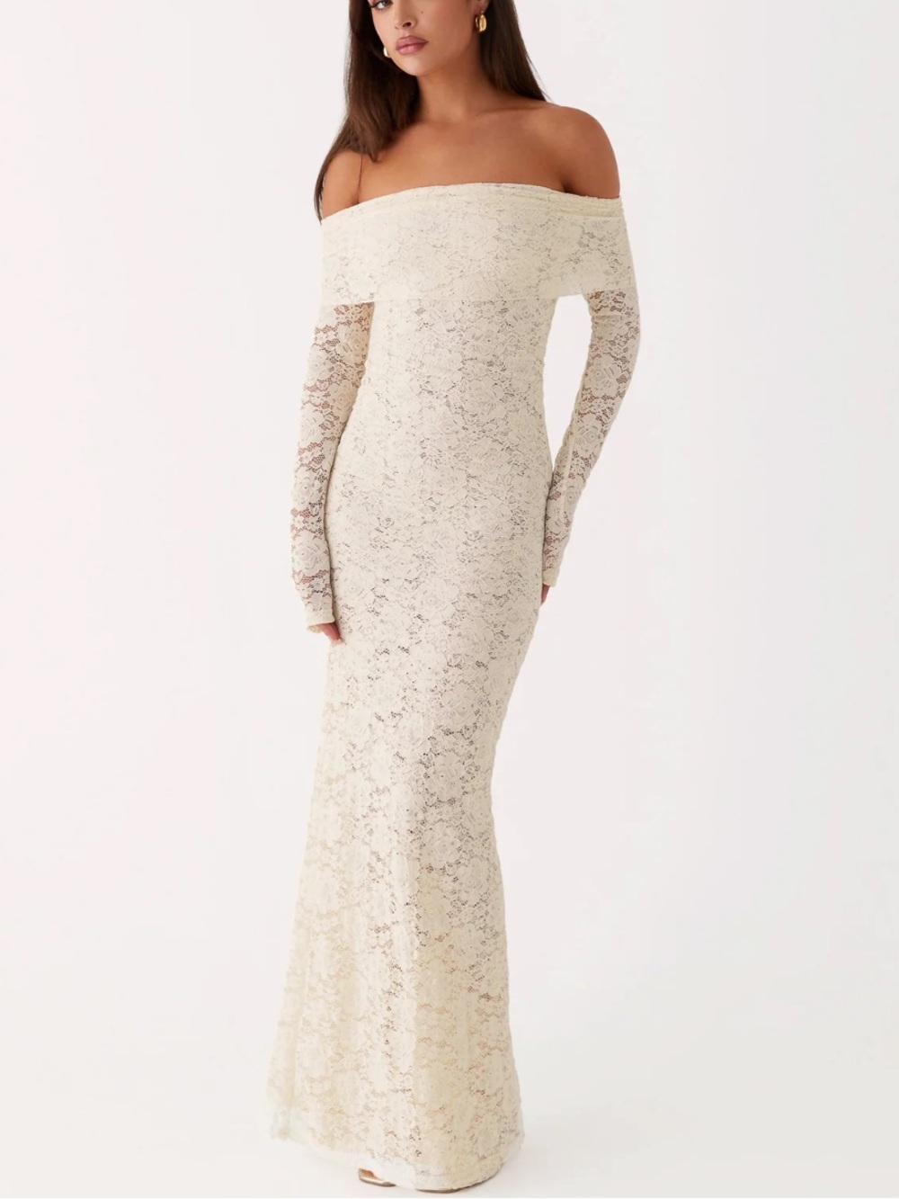 Peppermayo Yours Always Ivory Off-Shoulder Lace Maxi Dress